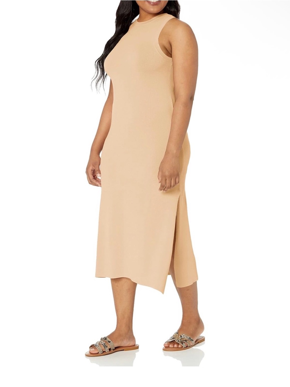 The‎ Drop Tank Ribbed Maxi Sweater Dress High-Neck Cut-In A-Line Side-Slit Large